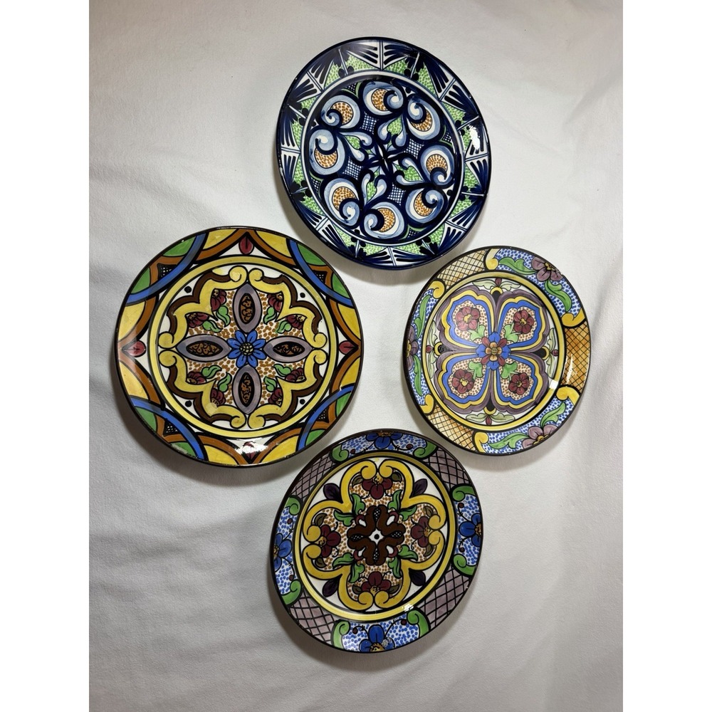 Four Vtg PASCUAL ZORRILLA Majolica Handpainted 10" Pottery Plates Made In Spain